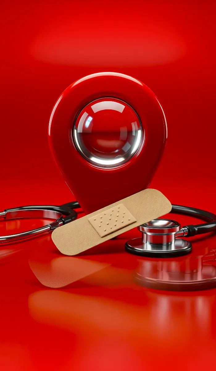 Equipamiento médico sobre fondo rojo